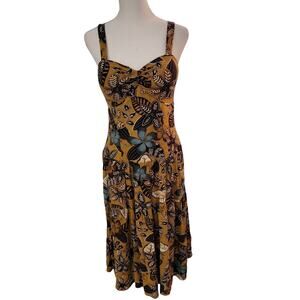 R&K Original Petite Wm Sz 6P Mustard Yellow Floral Built in Bra Dress 0263